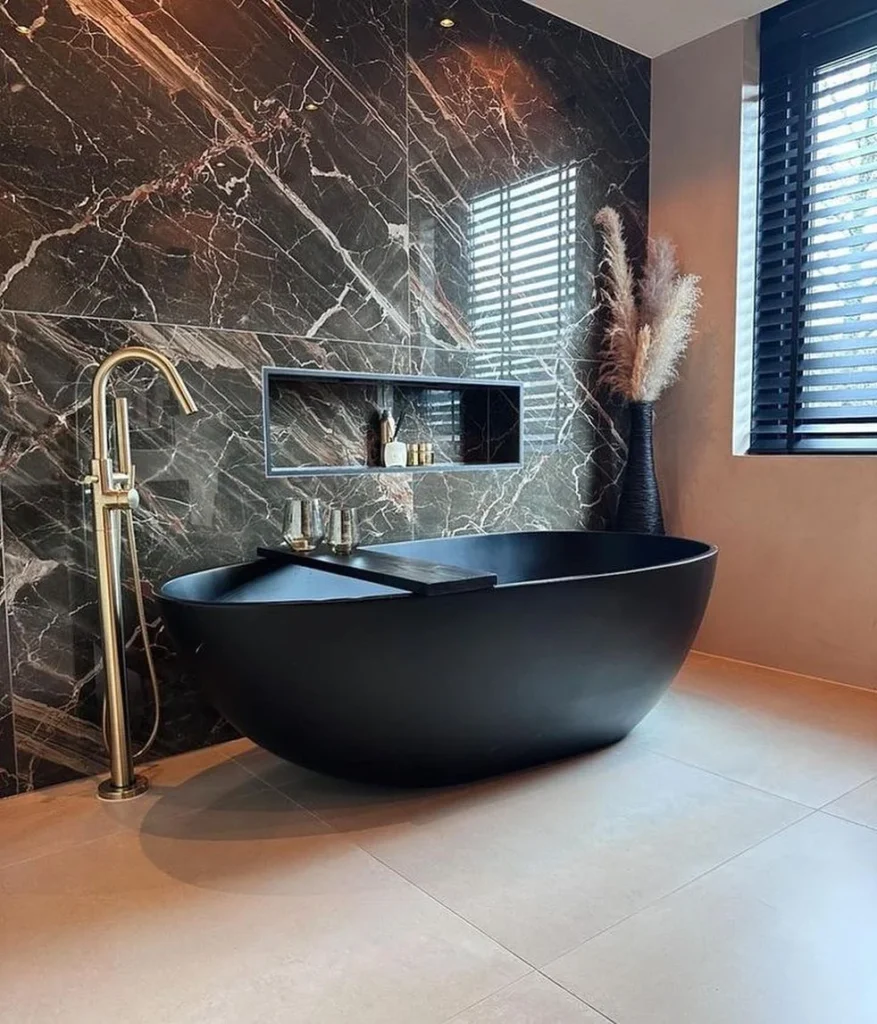 Luxury Black Freestanding Bathtub With Wood Flooring