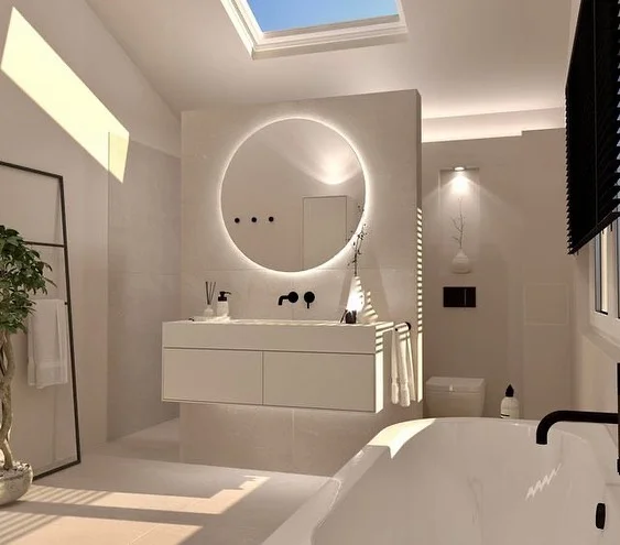 Minimalist Beige Bathroom With Built-in Storage