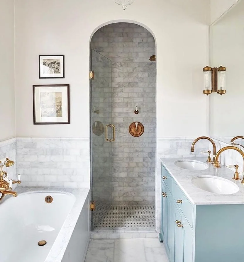 Modern Bathroom With Black Fixtures And Wooden Cabinet