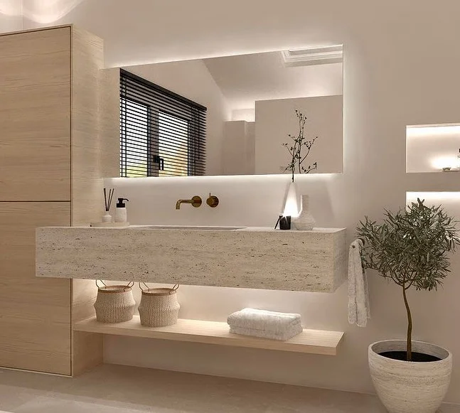 Modern Bathroom With Soft Beige And Warm Light Accents