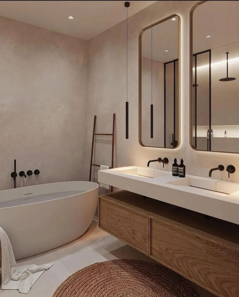 Modern Beige Bathroom With Warm Lighting