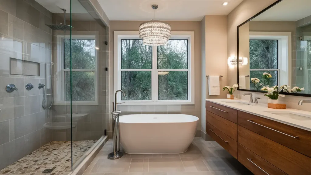 Modern Bathroom With Large-format Tiles, Frameless Glass