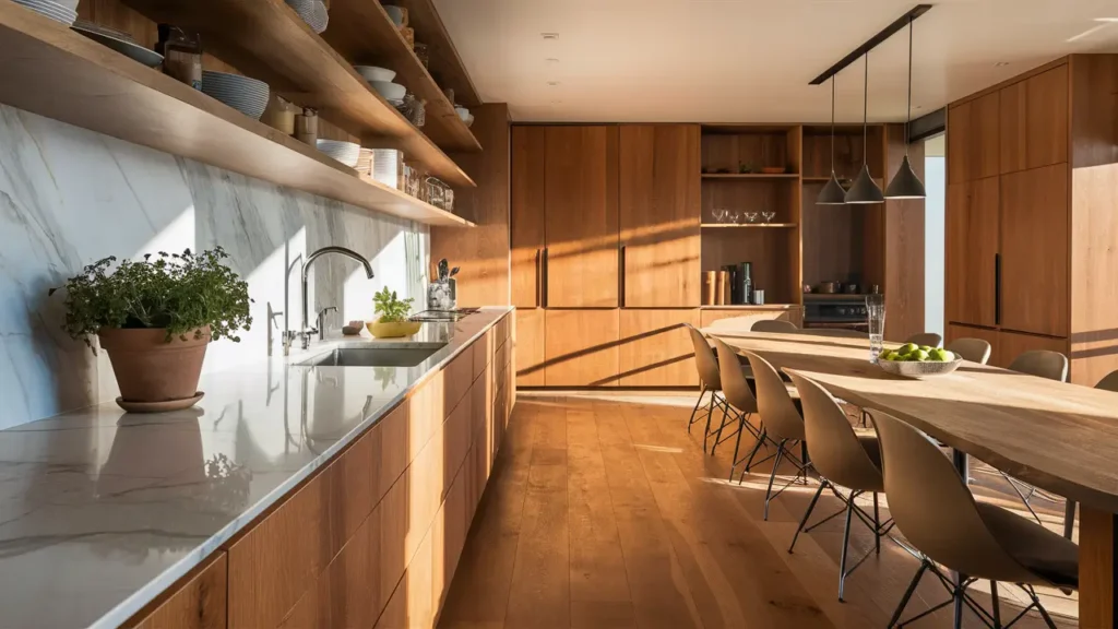 Modern Kitchen With A Marble Countertop, Natural Wood