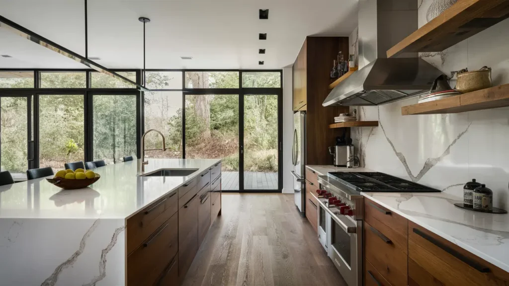 Modern Kitchen With A Marble Countertop, Natural Wood Flooring