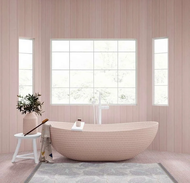 Modern Pink And Gray Bathroom With Rainfall Shower