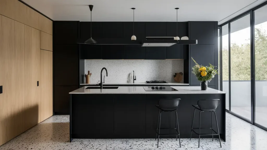 Monochrome Kitchen With Matte Black Cabinets