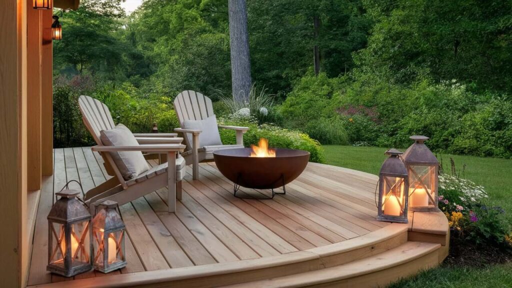 Natural Wood Decking With Adirondack Chairs, A Metal Fire Bow