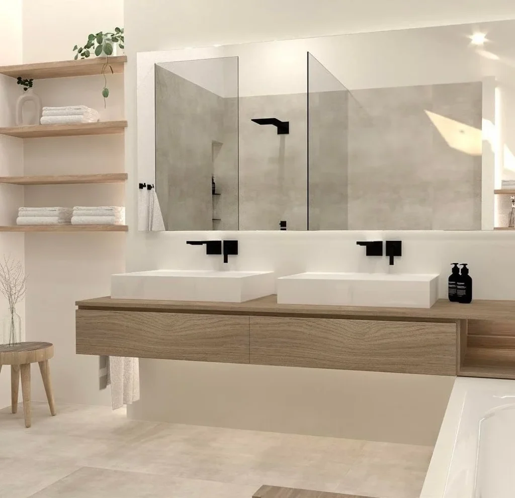 Neutral Beige Modern Bathroom With Floating Vanity And Large Mirror