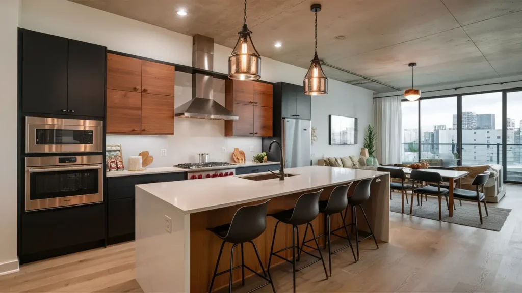 Open-concept Kitchen Featuring A Mix Of Matte Black Cabinetry