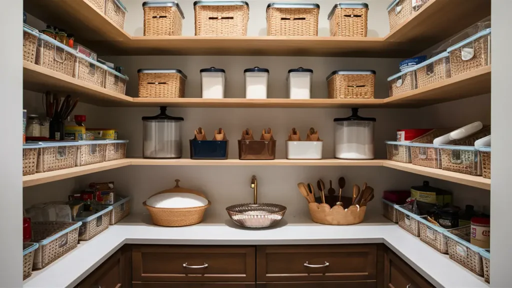 Organized Pantry With A Dedicated Shelf For Baking Supplies Like Flour