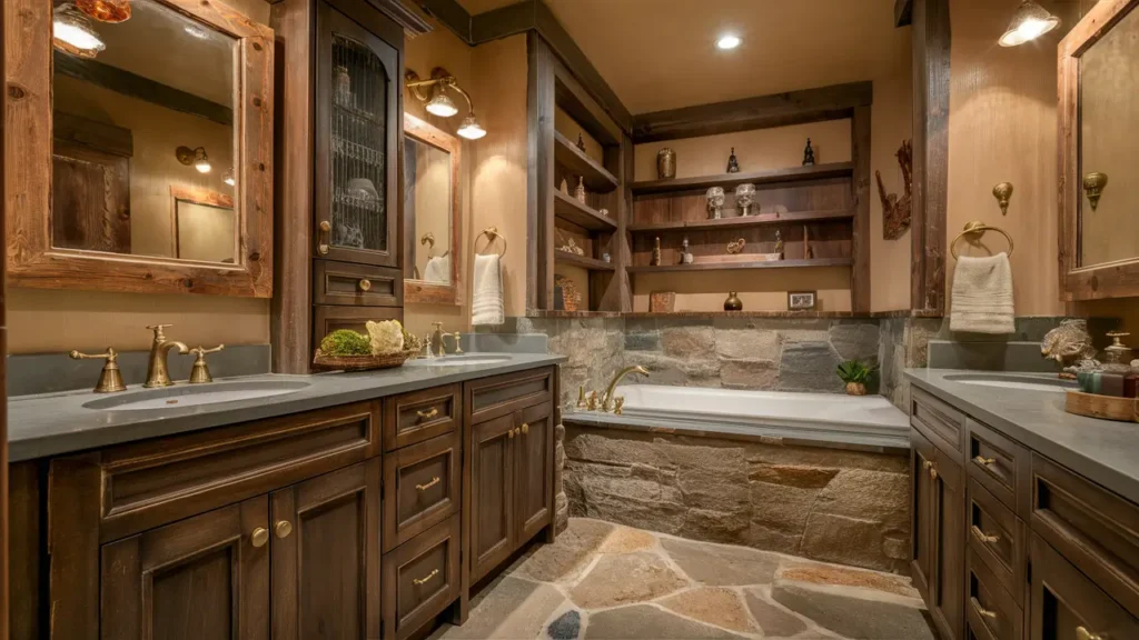 Rustic Bathroom With Dark Wood Cabinetry, Wood-framed Mirrors