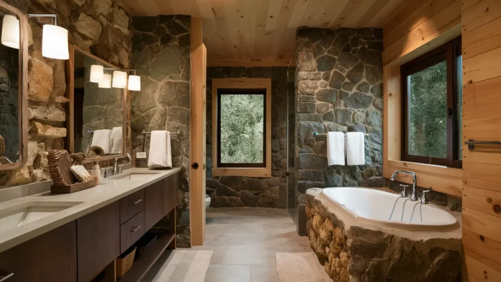 Rustic Bathroom With Exposed Stone Walls, A Stone Vanity Countertop