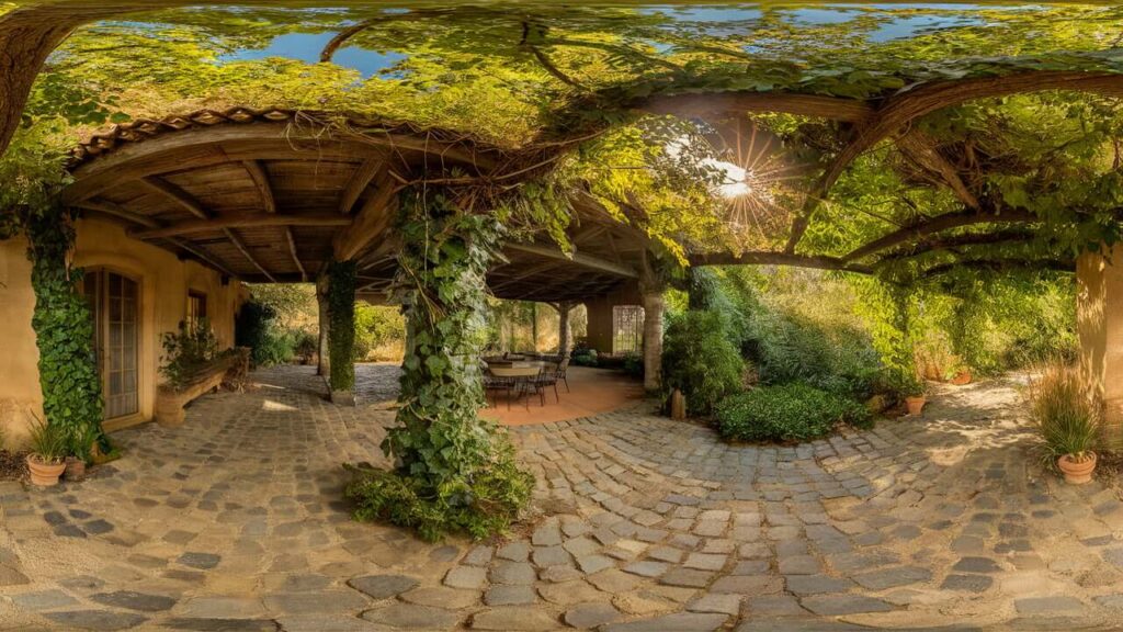 Rustic Garden Patio With Stone Pathways, A Wooden Pergola