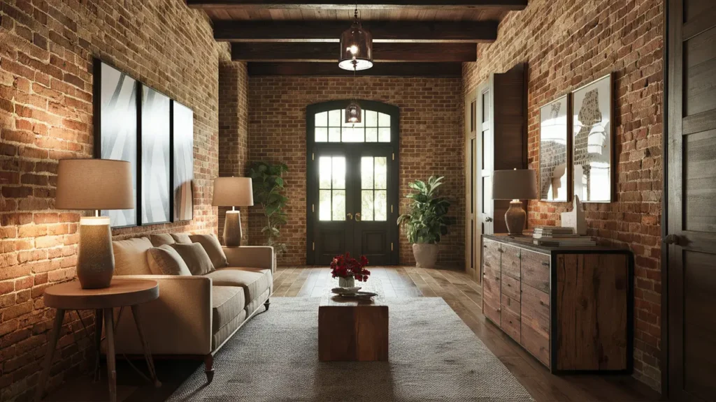 Rustic Hall Room Featuring Exposed Brick Walls, Adding Character