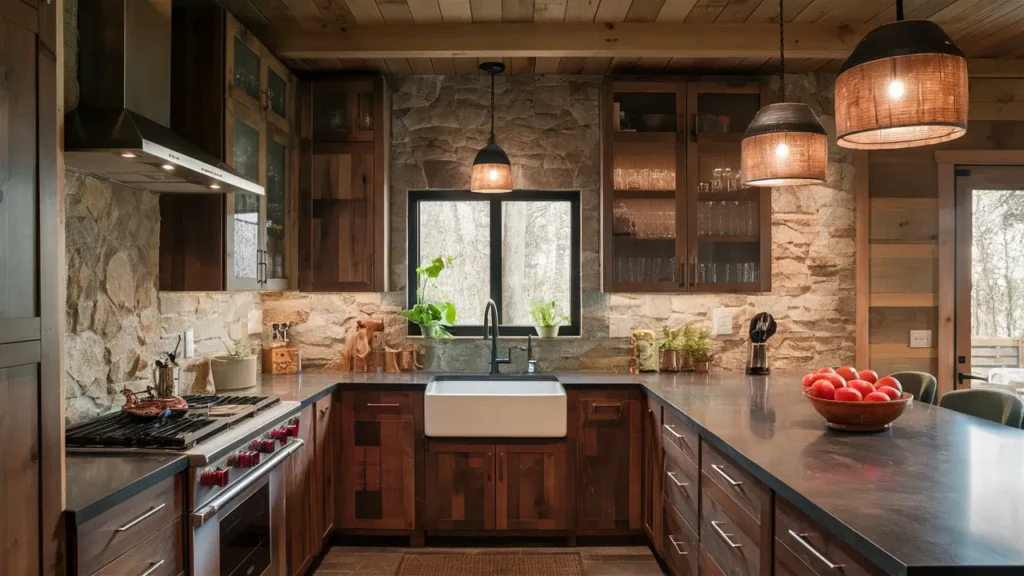 Rustic Kitchen Featuring Reclaimed Wood Cabinetry, A Stone Backsplash