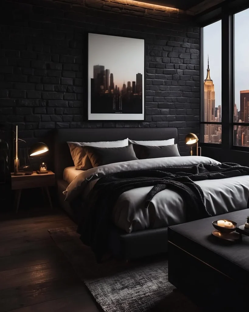 Sleek Black Bedroom With Soft Curtains And Warm Light