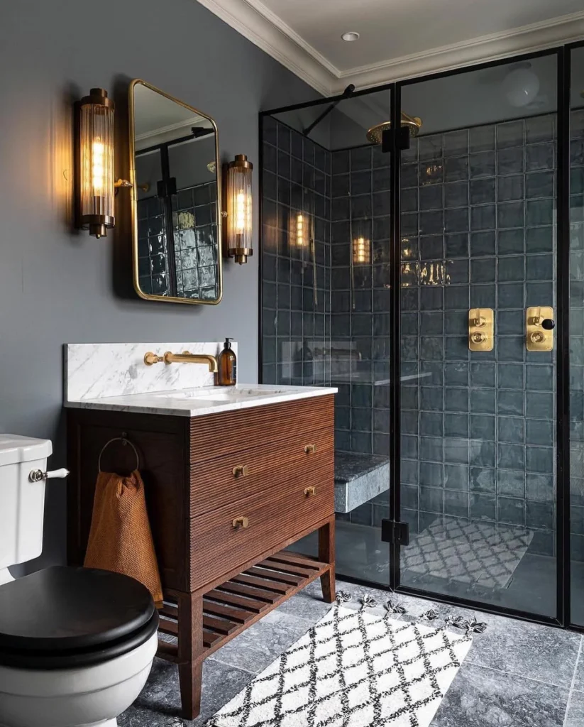 Sleek Black Vanity With Round Mirror And Modern Design