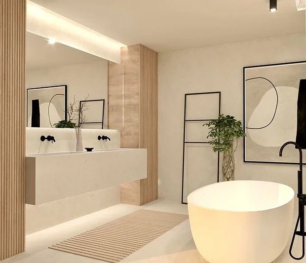 Soft Beige Bathroom With Recessed Lighting And Stylish Decor