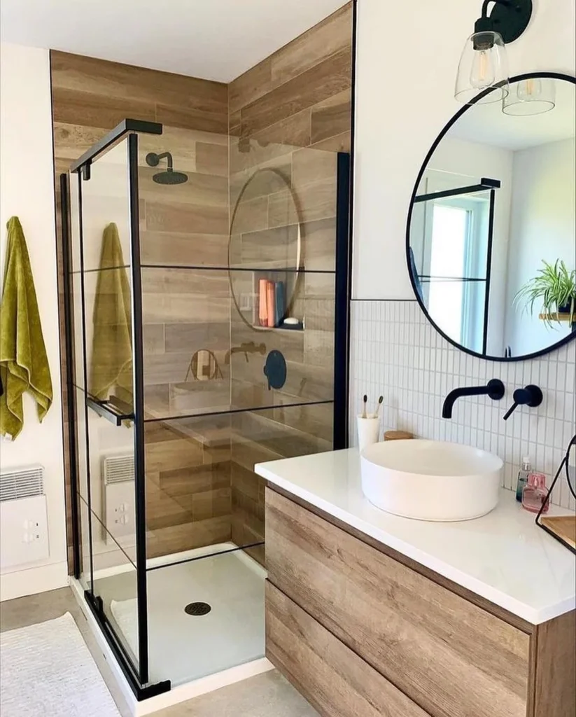 Spa-like Bathroom With Warm Wood And Soft Lighting