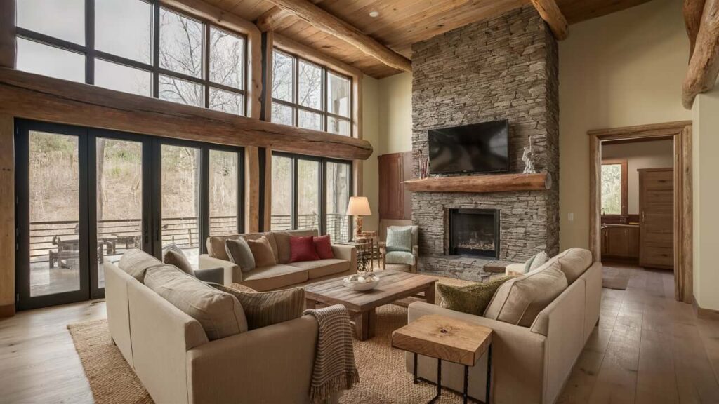 Spacious Rustic Living Room With Floor-to-ceiling Windows