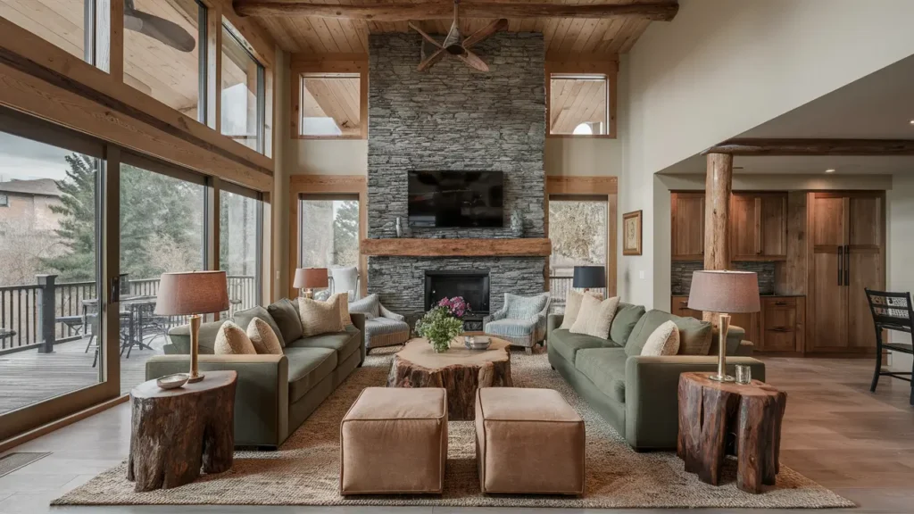 Spacious Rustic Living Room With Floor-to-ceiling Windows