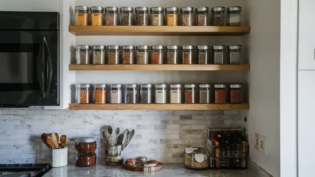 Spice Rack Organization With Clear Spice Jars On Labeled Shelves