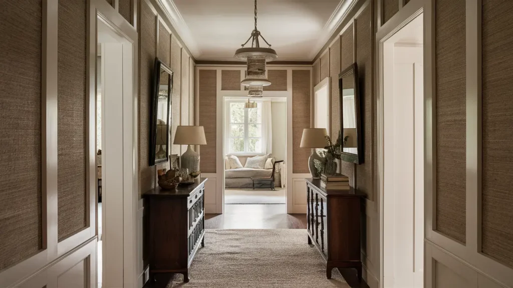 Traditional Hallway With Textured Wall Panels Painted In Soft Hues