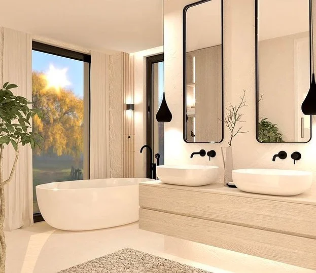 Warm Beige Bathroom With A Stylish Floating Sink