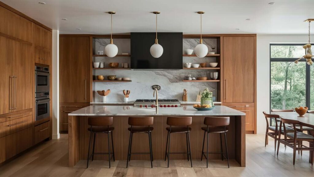 Warm And Inviting Kitchen With A Walnut Wood Island