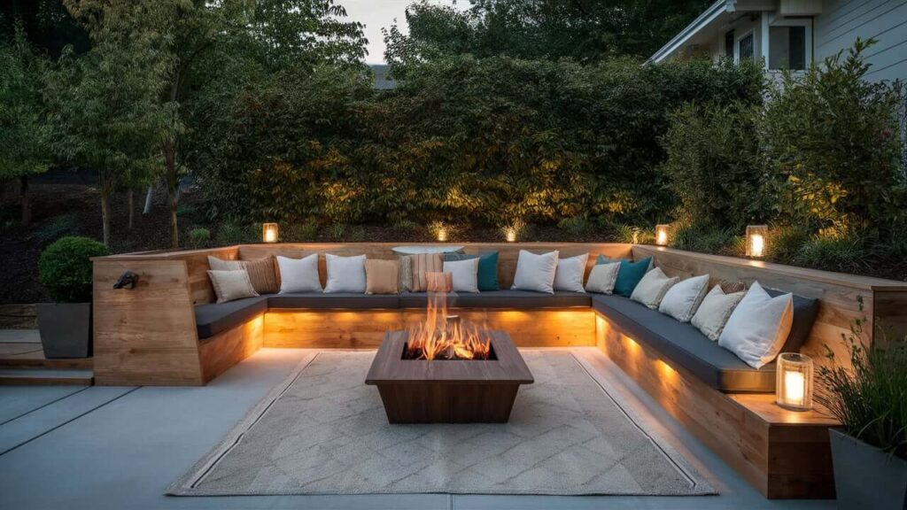 Warm And Inviting Outdoor Space With A Built-in Bench