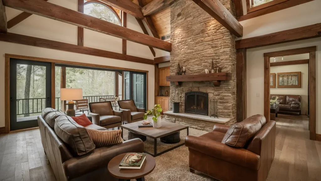 Warm And Inviting Rustic Living Room With Exposed Wooden Beams