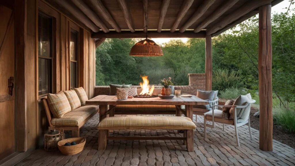 Warm Rustic Patio Featuring A Wooden Dining Set