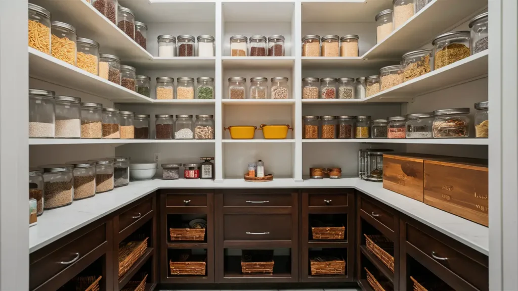 Well-organized Pantry With Labeled Glass Jars For Grains