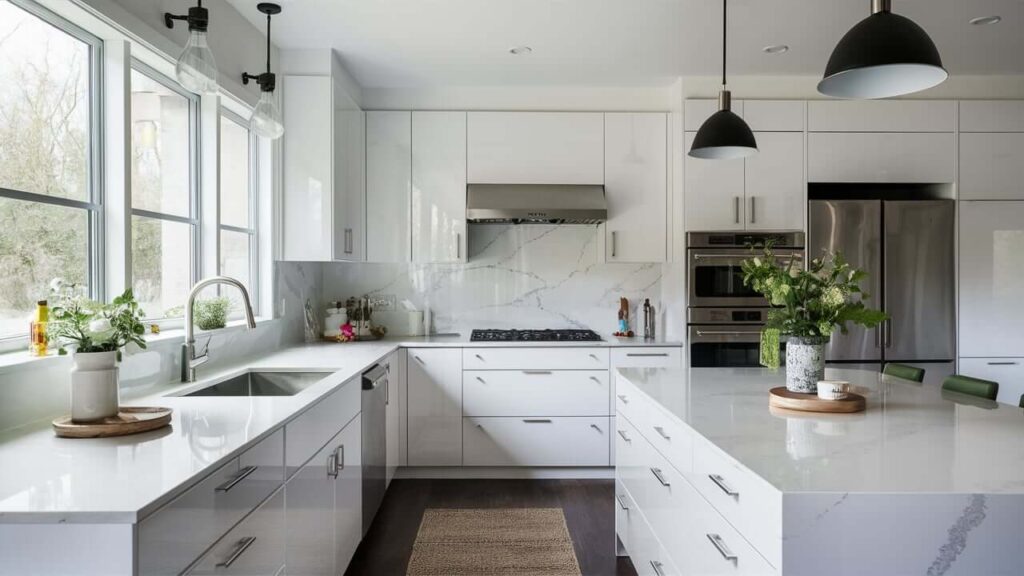 White Monochrome Kitchen With Glossy White Cabinets