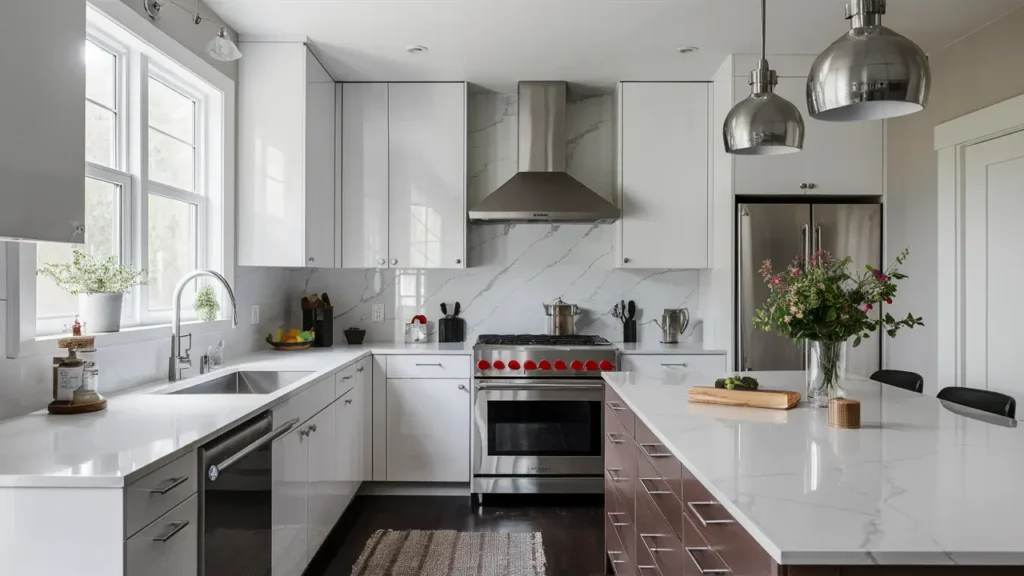 White Monochrome Kitchen With Glossy White Cabinets