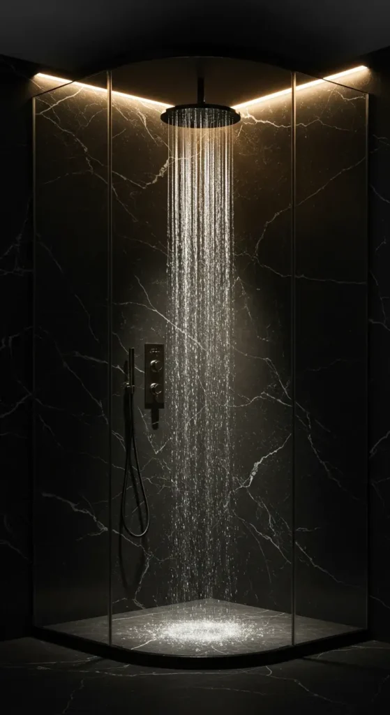 All-black Shower With Dark Marble Walls