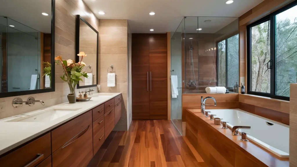 Bathroom Featuring Warm Wood Tones On A Double Vanity