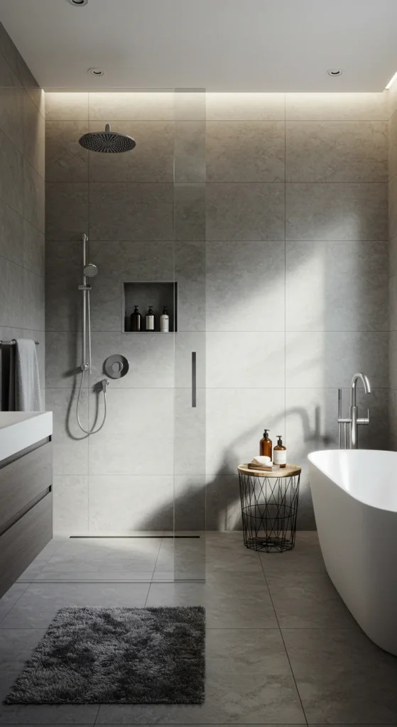 Bathroom With A Frameless Glass Shower, Gray Tiles