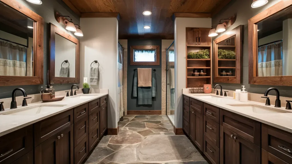 Bathroom With Dark Wood Cabinetry, Wood-framed Mirrors