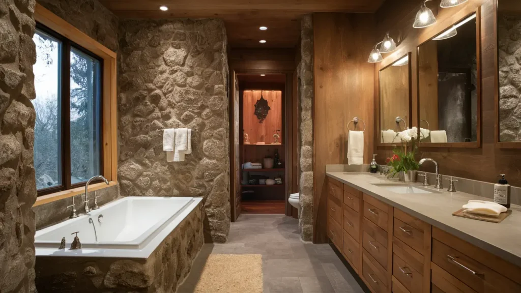 Bathroom With Exposed Stone Walls, A Stone Vanity Countertop