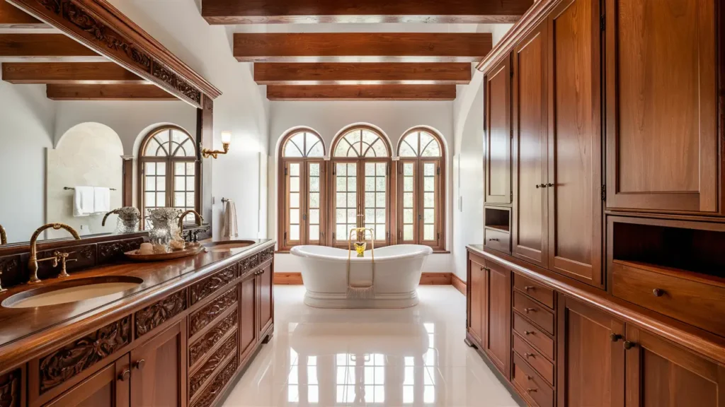 Bathroom With Rich Wood Accents On The Countertop