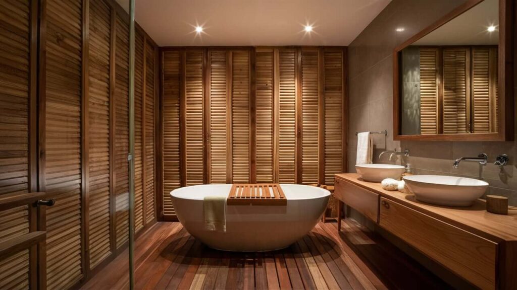 Bathroom With Wooden Flooring, Wooden Wall Panels