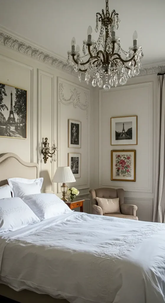 Bedroom With Elegant Molding A Vintage Chandelier