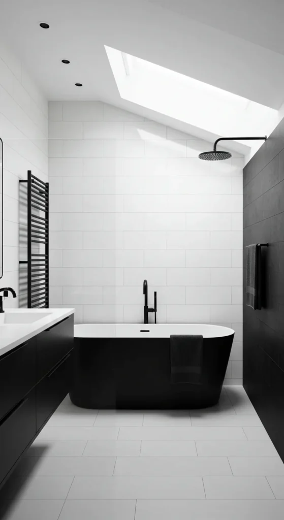 Black-and-white Bathroom With Matte Black Fixtures