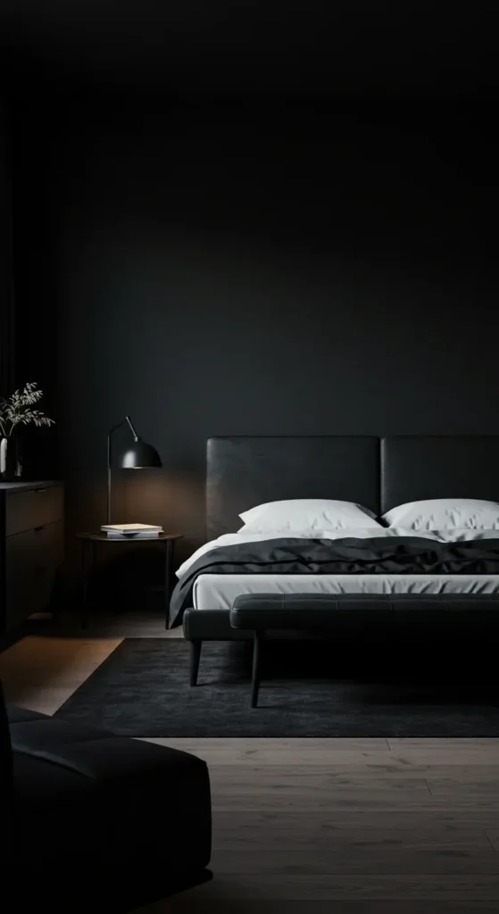 Black Bedroom Featuring Layered Textures, Detailed Patterns