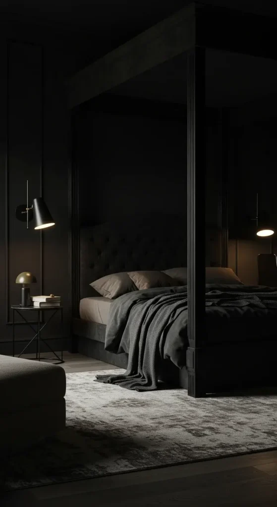 Black Bedroom Spotlighting A Statement Canopy Bed