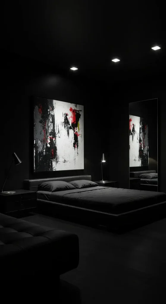 Black Bedroom With High-contrast Lighting, Reflective Surfaces