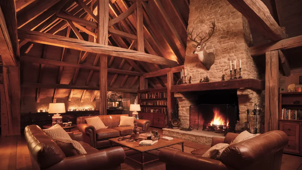 Charming Rustic Living Room With Exposed Wooden Beams And A Large Stone Fireplace