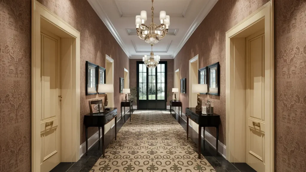 Hall With A Textured Wallpaper Featuring A Subtle Damask Design