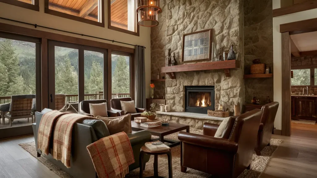 Inspired Rustic Living Room With A Stone Fireplace